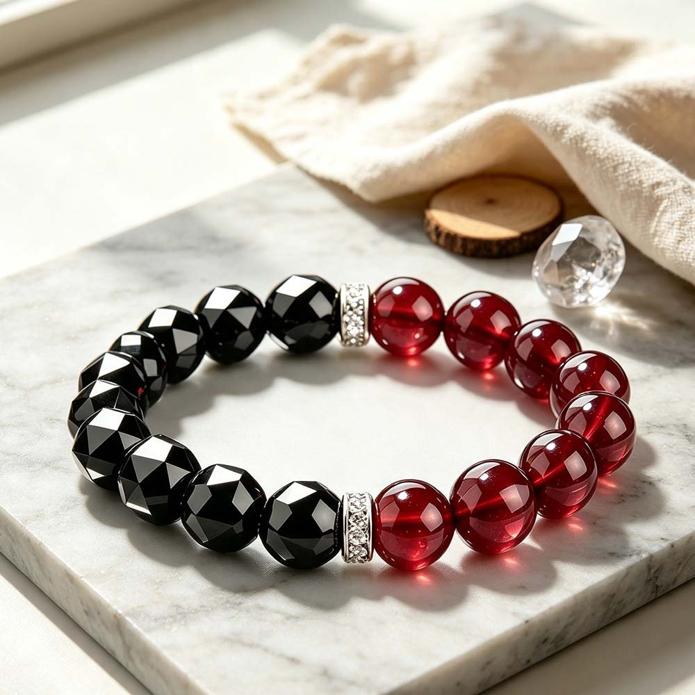 Men's Glossy Red Garnet & Obsidian Beaded Bracelet — Daily Wear